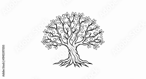 Stylized illustration of a fruit-bearing tree with prominent roots