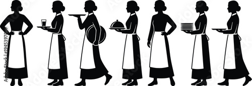 Waitress, Silhouette, Restaurant, Service, Woman, Waiter, Serving, Tray, Food, Drink, Hospitality, Uniform, Staff, Catering, Cafe, Worker, Job, Icon, Collection, Vector