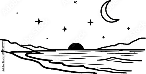 Stylized night scene with crescent moon, stars, ocean, and silhouetted land