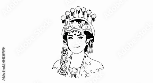 Stylized portrait of a woman in traditional attire and headpiece