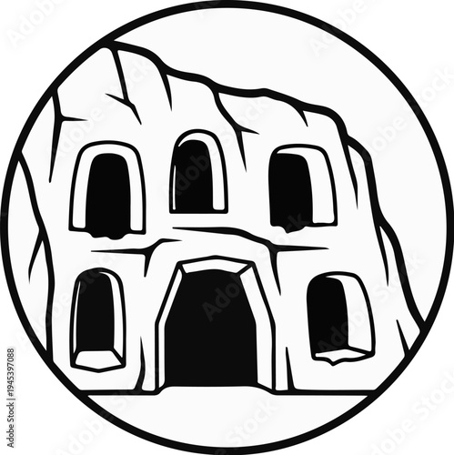 Stylized cave entrance with arched openings carved into rock