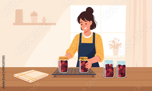 Woman Sealing Homemade Fruit Jam in Glass Jars
