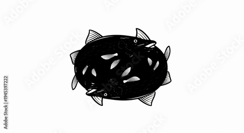 Stylized black and white illustration of two fish forming a circular shape