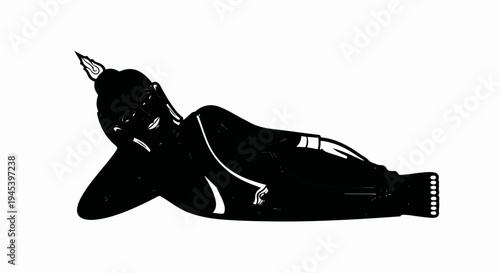 Stylized black outline of a reclining Buddha statue on a white background