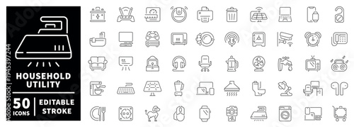Household utility icon set in outline style with editable stroke design