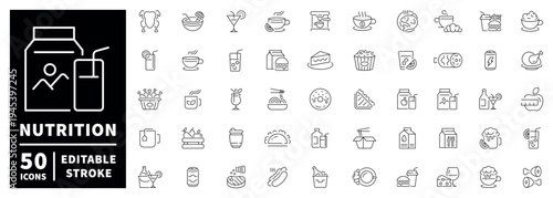 Nutrition outline icon set with editable stroke for food and drink concepts