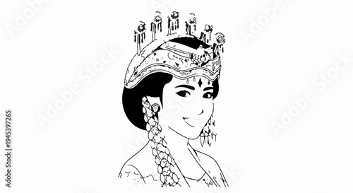 Stylized portrait of a smiling woman in traditional headdress and elaborate earrings