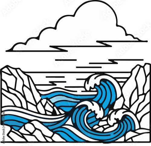 Stylized ocean waves crash against rocky shores under a cloudy sky
