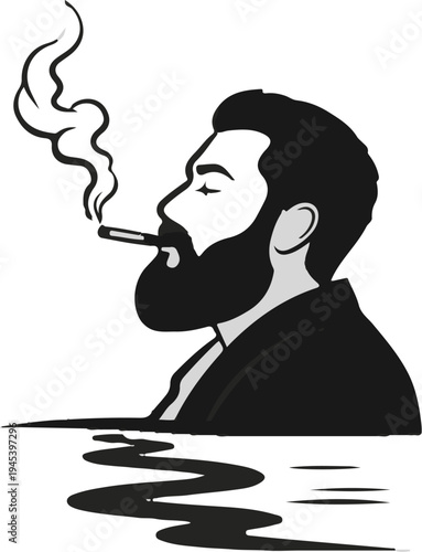 Stylized profile of a man with a beard smoking a cigarette and exhaling smoke