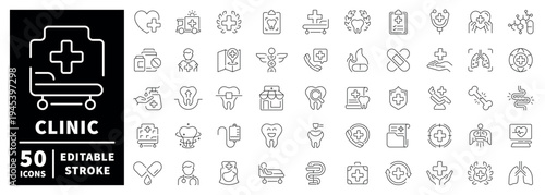 Clinic outline editable stroke icon set: medical symbols in thin line style for healthcare