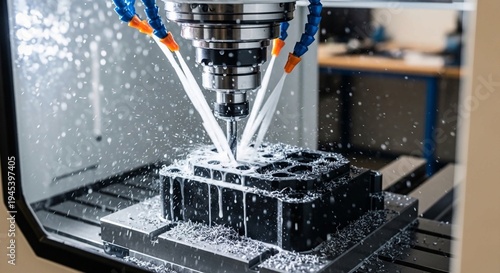 An CNC milling machine operating on a plastic part, industrial CNC milling machine drilling into a metal workpiece with silver shavings flying in a modern factory workshop setting, representing precis