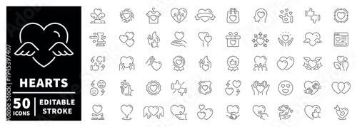 Heart outline icon set with editable stroke | thin line style symbols for love and romance