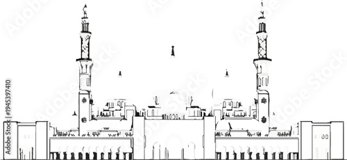 Stylized illustration of a grand mosque with twin minarets and domes