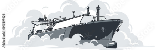 Stylized illustration of a large cargo ship sailing through clouds