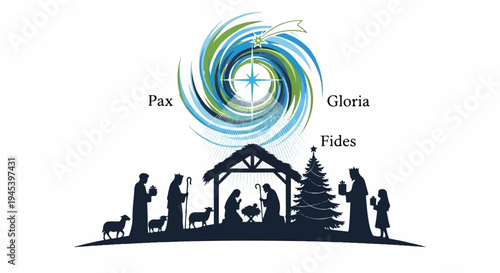 Stylized nativity scene with figures, animals, star, and inspirational text
