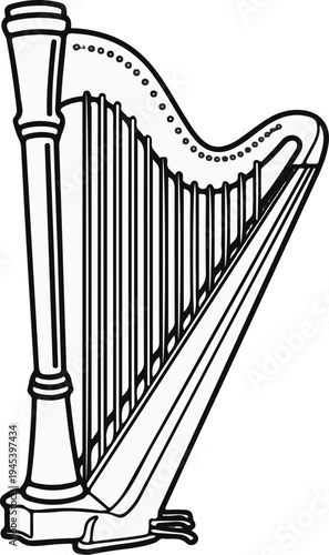 Stylized outline drawing of a harp with many strings and a large pillar