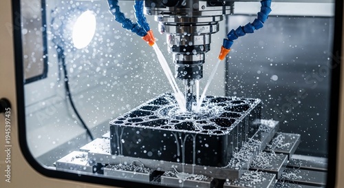 An CNC milling machine operating on a plastic part, industrial CNC milling machine drilling into a metal workpiece with silver shavings flying in a modern factory workshop setting, representing precis