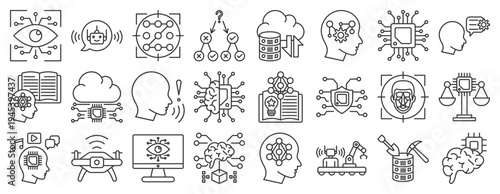 Artificial Intelligence Icon Set. Outline Style Icons Including machine learning, neural network, robotics, automation, data analysis, chatbot, computer vision and AI technology concepts
