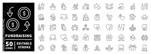 Fundraising editable stroke icon set in modern outline style with thin line symbols