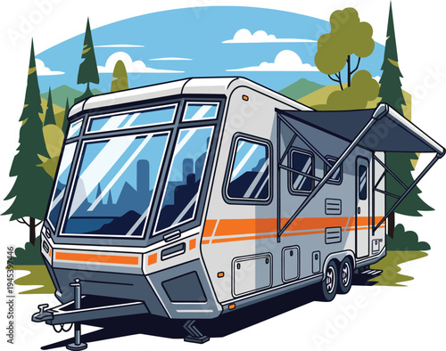 Modern Travel Trailer with Retractable Awning in Nature.