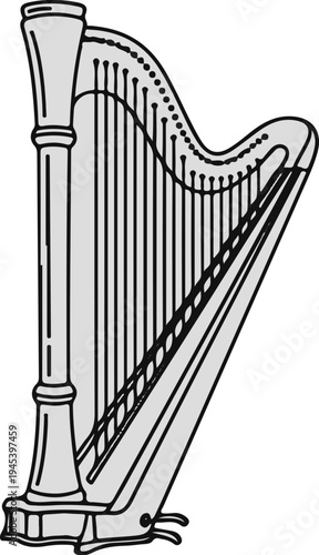 Stylized illustration of a large, elegant musical harp, rendered in shades of grey