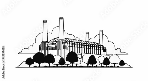 Stylized outline drawing of a large industrial building with smokestacks