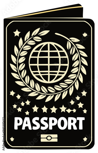 Black passport with globe emblem and stars representing international travel and identity