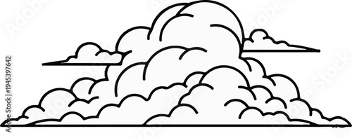 Stylized black and white illustration of fluffy cumulus clouds in layers