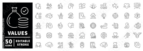 Values linear icon set: editable stroke thin line symbols for balance and ethics