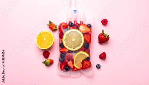 A bag of clear fluid is packed with fresh fruit on a pink surface; strawberries, blueberries, lemon, and raspberries visible