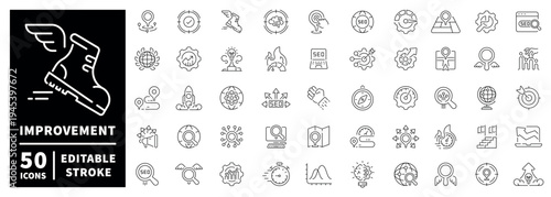 Improvement icons set: editable stroke line art in a thin line outline style