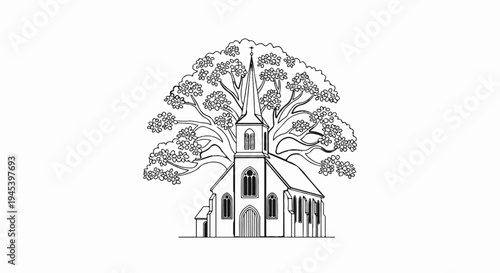 Stylized church structure framed by a flowering tree, drawing