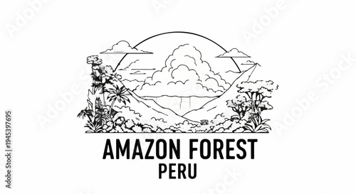 Stylized illustration of a lush, mountainous forest landscape with clouds