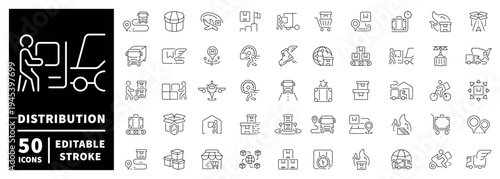 Distribution outline icon set: editable stroke, thin line style for logistics and delivery