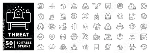 Threat detection outline icon set with editable stroke and thin line style