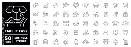 Vacation relaxation outline icon set with thin line, editable stroke and linear style