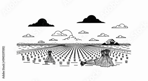 Stylized illustration of a vast cultivated field with haystacks and a distant barn