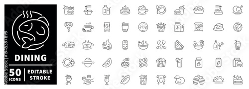 Dining outline icon set: editable stroke thin line food and drink icons for culinary themes