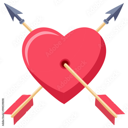 Stylized red heart pierced by two crossed arrows; Valentine's Day, love, romance, and emotion symbol
