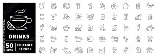 Drinks outline icon set with editable stroke in thin line style