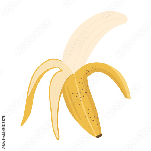 Overripe peeled banana with dark spots on the fruit, isolated cartoon vector illustration