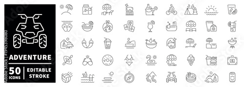 Adventure outline icon set with editable stroke in thin line style for outdoor activities
