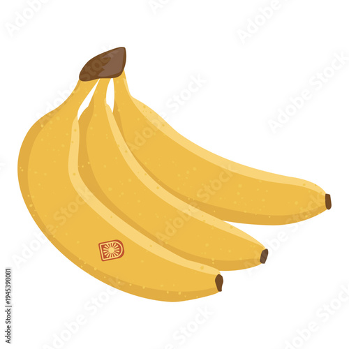 Small ripe yellow banana bunch with a fruit sticker label, isolated vector illustration