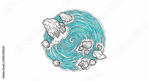Stylized illustration of a whirlpool with rocks and flowing turquoise water