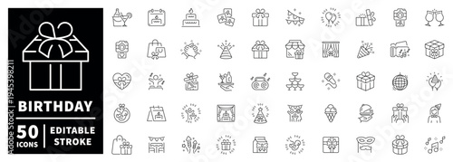 Birthday icon set in linear style. editable stroke and thin line pictograms for celebrations