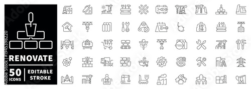Renovate outline icon set: editable stroke and thin line construction and repair symbols