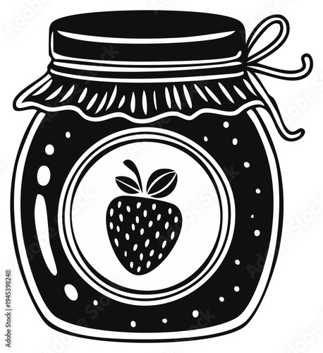 Jar of strawberry jam with ribbon and fruit illustration simple graphic design