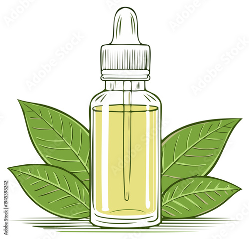 Glass dropper bottle with essential oil and green leaves, herbal extract for wellness