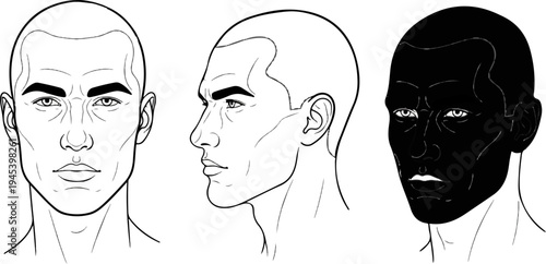 Stylized illustration of a man's head in three views front, side, and shaded profile