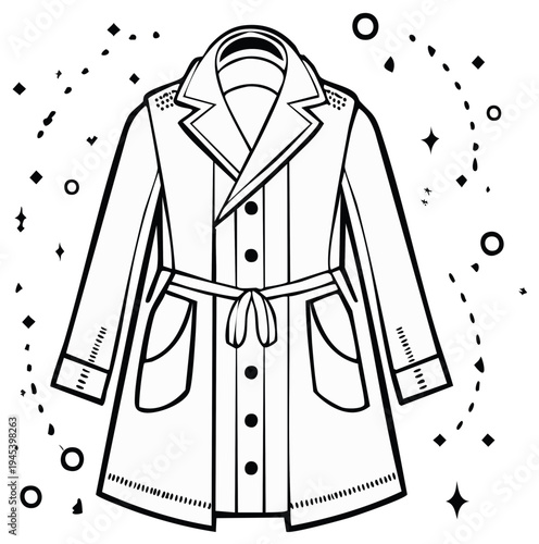 Black and white line art illustration of a classic trench coat with a tied belt, buttons, and decorative elements